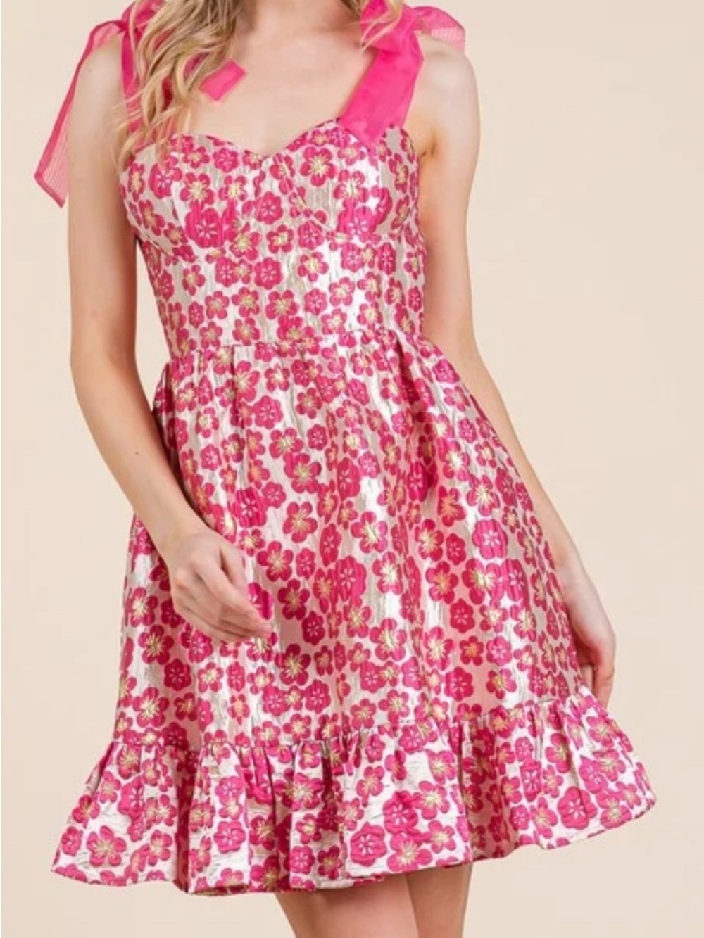 NWT Lovelo Raini Pink Gold Floral Jacquard Mini Dress Tie Strap Shimmer Small